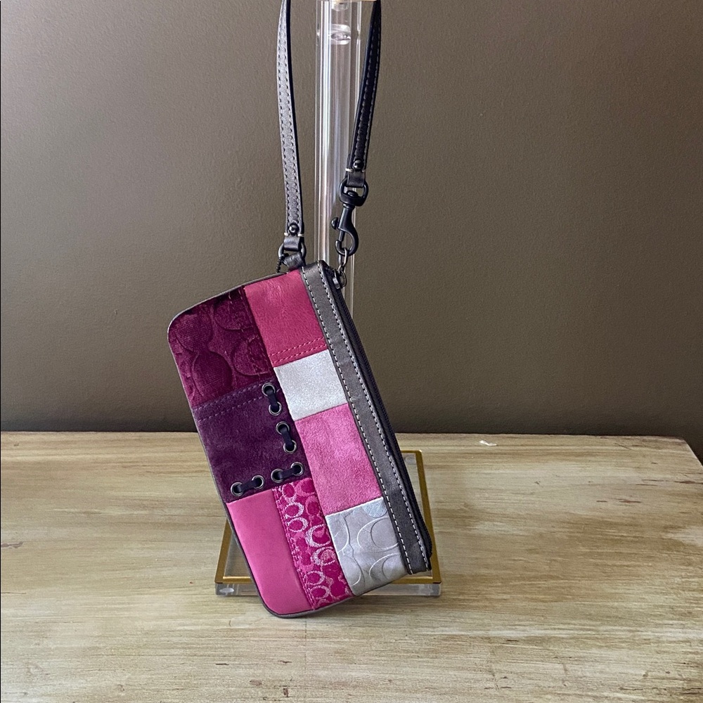 Patchwork Wristlet with Pink and Gray Accents